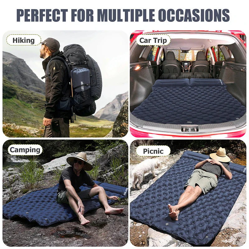Double Inflatable Camping Mattress with Built-in Pillow Pump Navy Blue