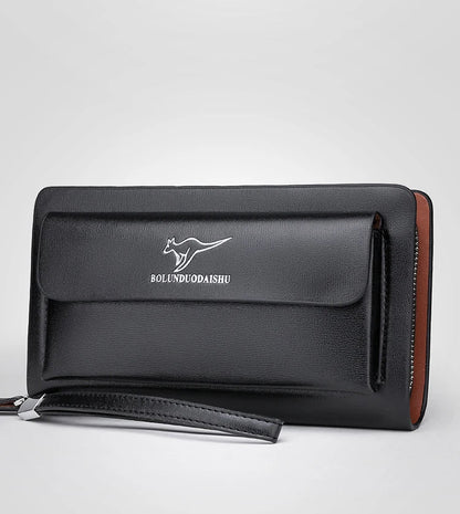 Men Leather Clutch Bag Double Zipper Business (Black)