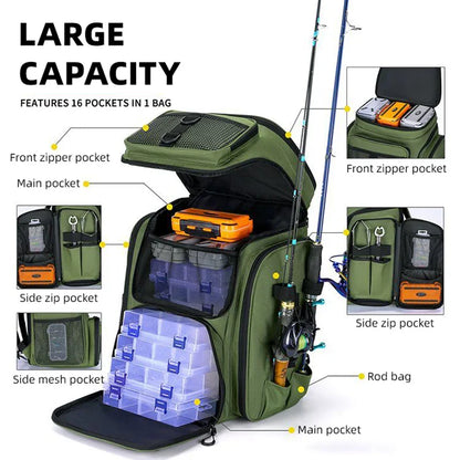 Tackle Backpack with Rod Holders Camping Green