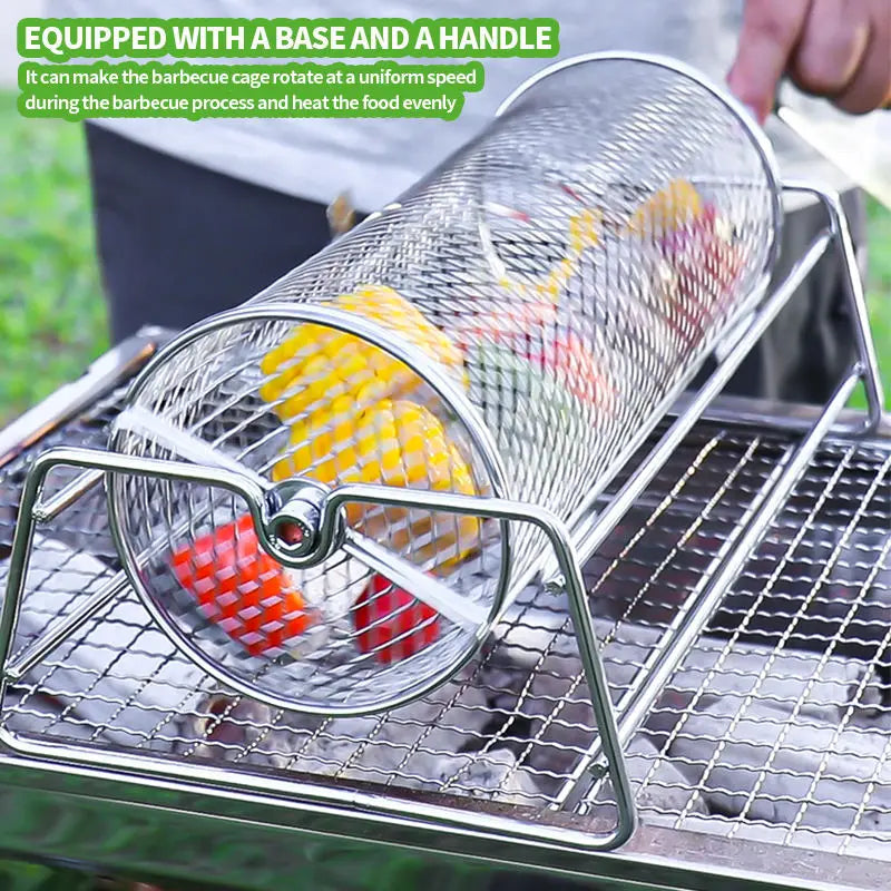 12-Inch Stainless Steel Rolling BBQ Grill Mesh Rotisserie Roaster Cage Silver
