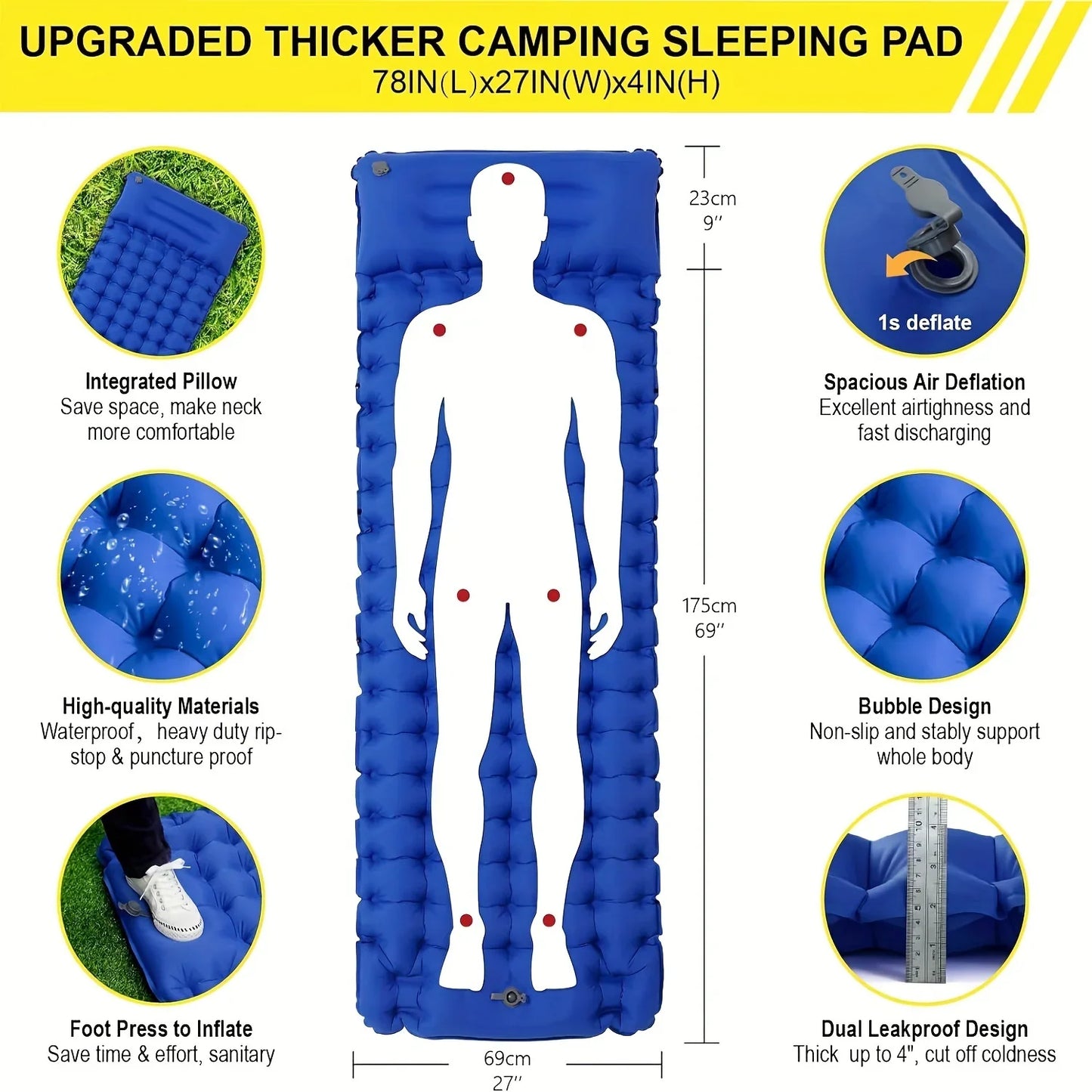 4-Inch Thick Inflatable Camping Sleeping Mat Built-in Pillow And Pump Green