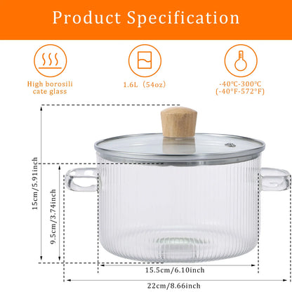 1.6L Borosilicate Glass Saucepan with Lid Clear Heat-Resistant Pot