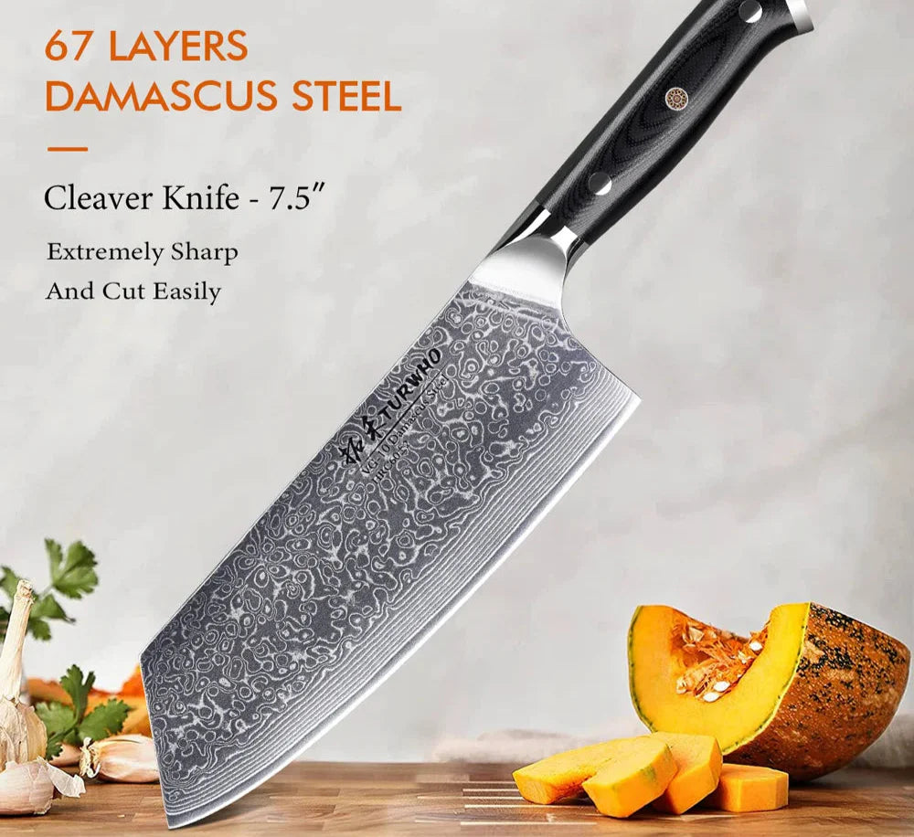 7.5-Inch Damascus Steel Cleaver Knife G10 Handle Black
