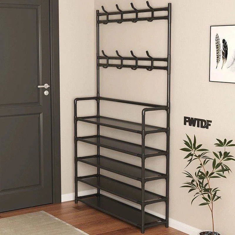 Multifunctional Free-Standing Coat and Shoe Rack Organizer with Storage Shelves and Hooks