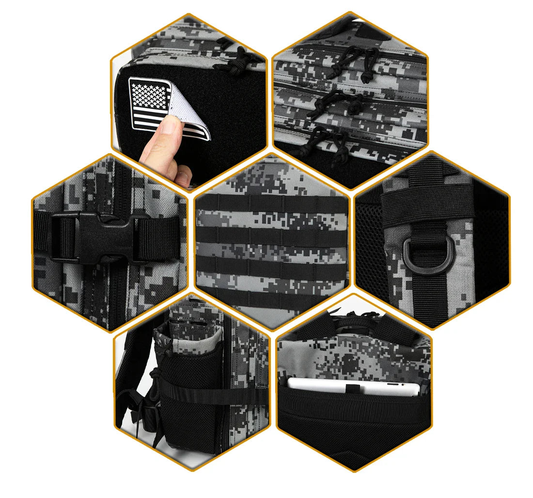 45L Tactical Backpack Waterproof Rucksack Black Camo