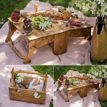 2-in-1 Wooden Folding Wine Table & Storage Basket