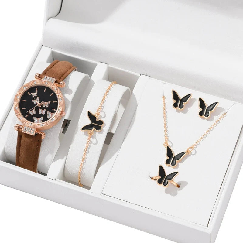 Butterfly Jewelry Set Watch Necklace Earrings Bracelet (Brown)