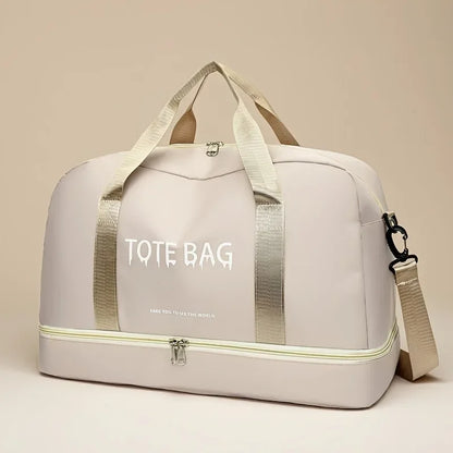 Travel Duffle Bag with Shoe Compartment & Strap (Beige)