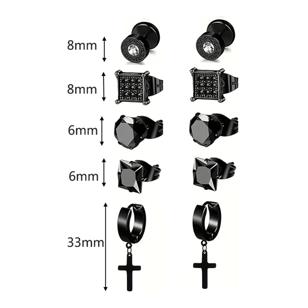 Earrings Stainless Steel 5 Pairs Set for Men (Black)