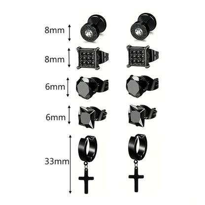 Earrings Stainless Steel 5 Pairs Set for Men (Black)