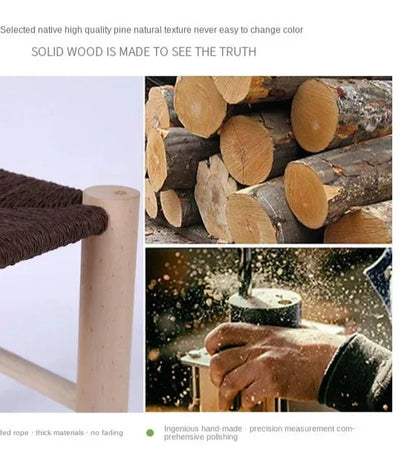 Hand-Woven Wooden Shoe Changing Stool - Beige Pine Stool with Non-Slip Surface