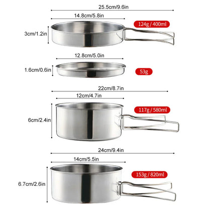 Outdoor Stainless-Steel Camping Cookware Set - Silver