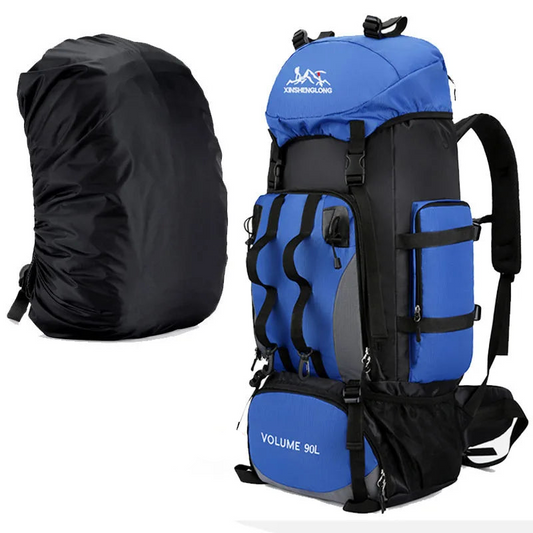 90L Waterproof Camping Backpack with Cover Blue