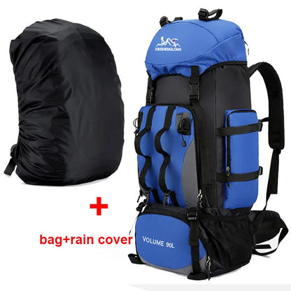 90L Waterproof Camping Backpack with Cover Blue