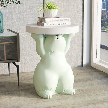 Artistic Rabbit Statue Tea Table - Light Green Round Side Table for Home Decor