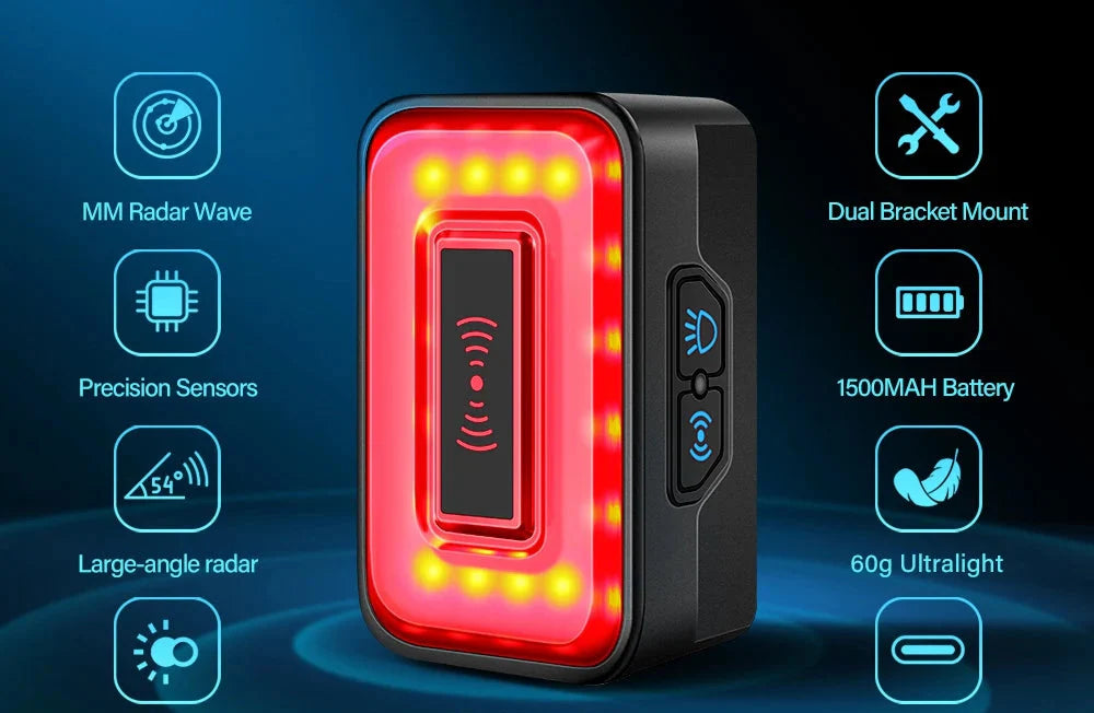 Smart Radar Bicycle Tail Light Brake Sensing Black