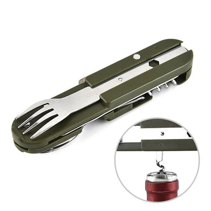 7-in-1 Folding Camping Cutlery Set with Storage Bag Green