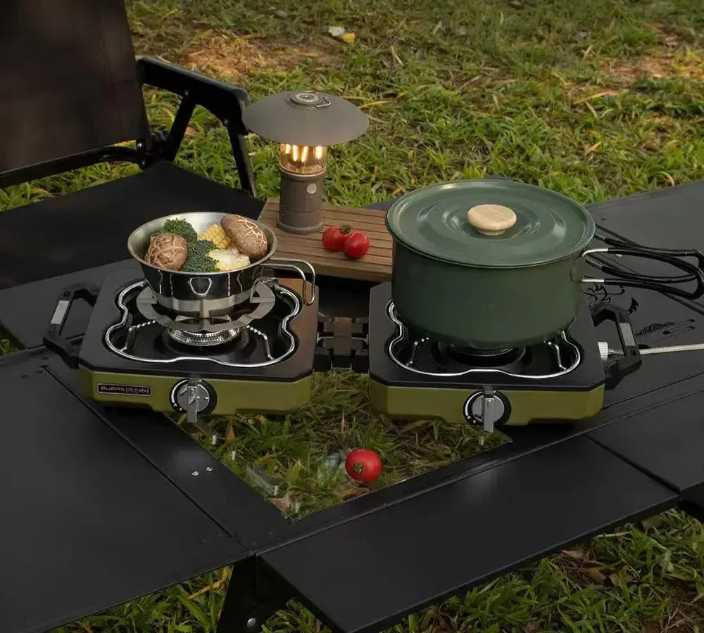 Double Burner Camping Stove High Firepower Gas Green