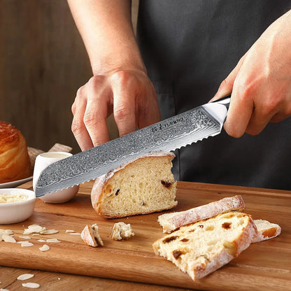 8-Inch Damascus Steel Bread Knife Serrated VG10 Core Blade Black