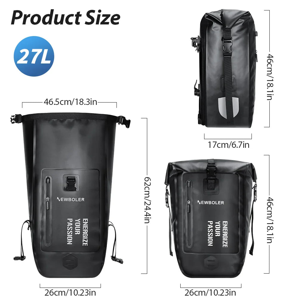 27L Waterproof Bike Pannier Bag with Roll-Top Closure Black
