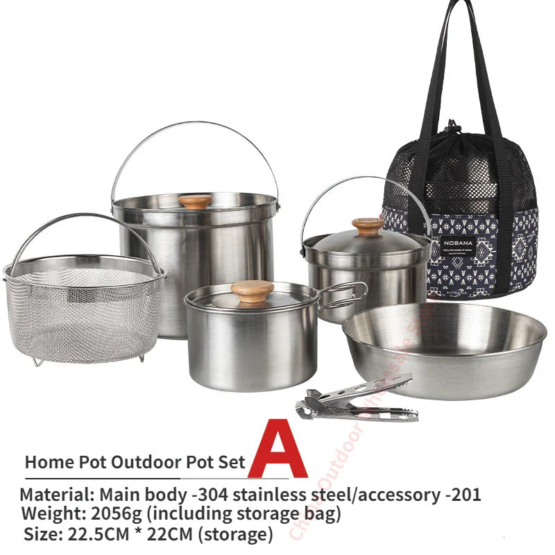 5L Outdoor Stainless Steel Camping Cookware Set Silver