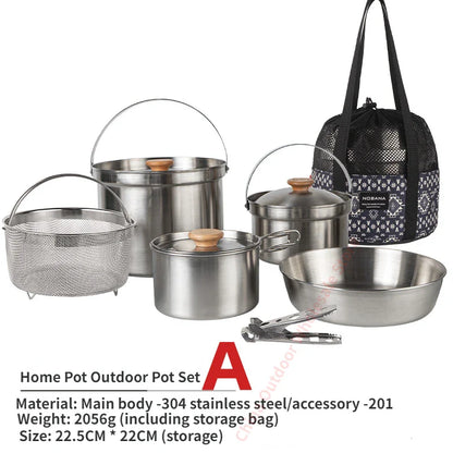 5L Outdoor Stainless Steel Camping Cookware Set Silver