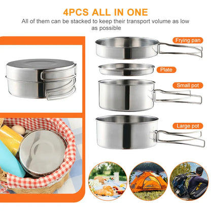 Outdoor Stainless-Steel Camping Cookware Set - Silver