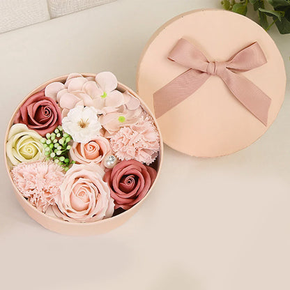Non-Withered Soap Flower Small Round Box Decoration Set - Big Pink Simulation Flowers