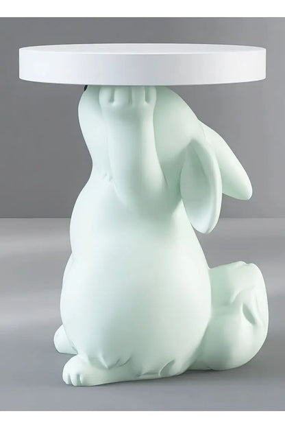 Artistic Rabbit Statue Tea Table - Light Green Round Side Table for Home Decor