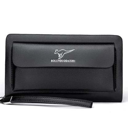 Men Leather Clutch Bag Double Zipper Business (Black)