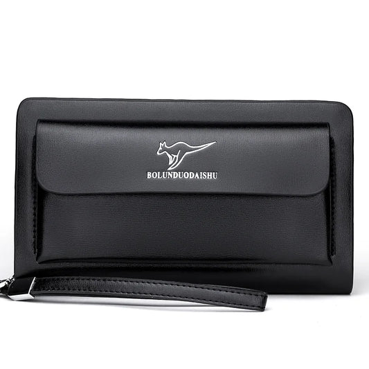 Men Leather Clutch Bag Double Zipper Business (Black)