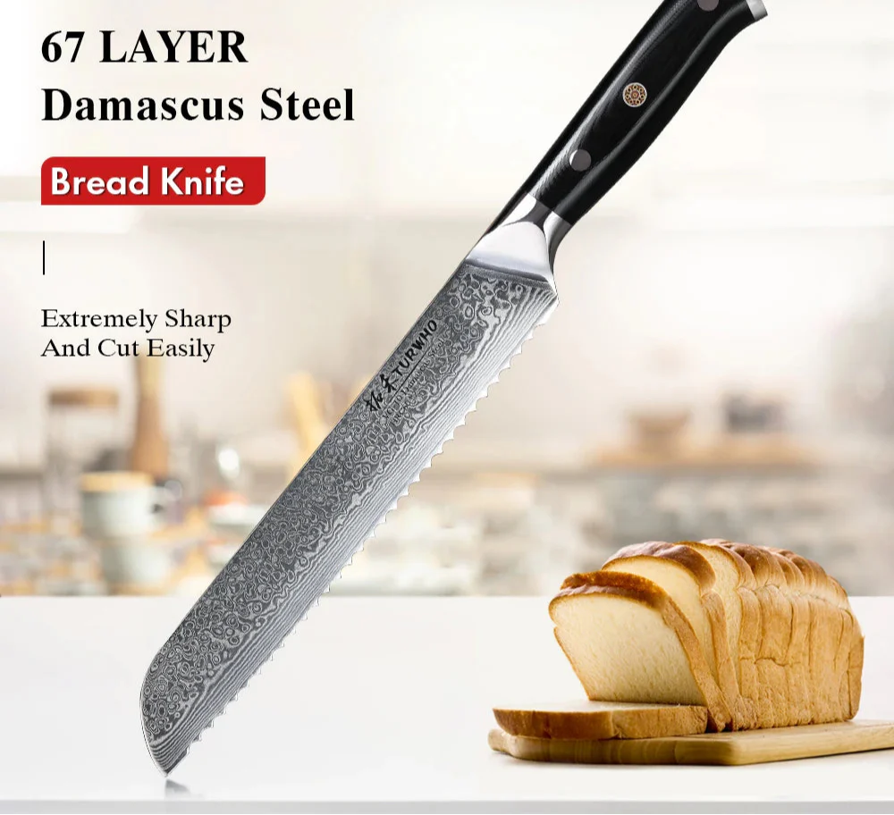 8-Inch Damascus Steel Bread Knife Serrated VG10 Core Blade Black