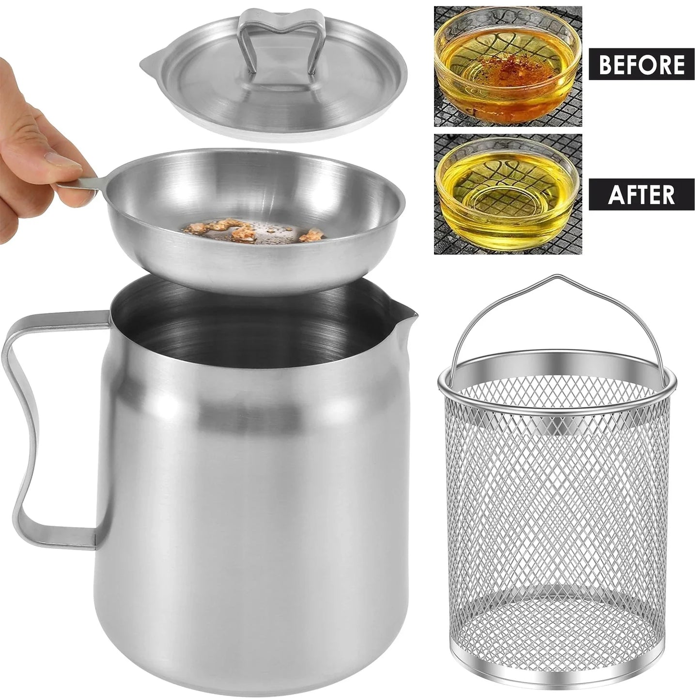 2L Stainless Steel Oil Filter Pot with Fine Mesh Strainer And Fry Basket Silver