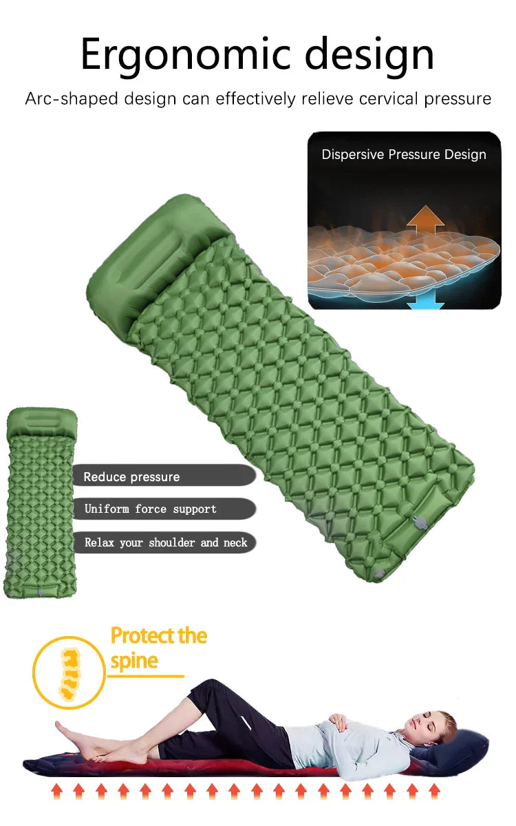 Inflatable Camping Mattress with Pillow  Built-In Pump Air Green