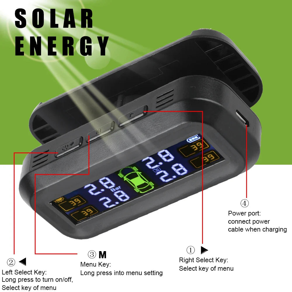 Wireless Tire Pressure Monitoring System Solar And USB Charging Black
