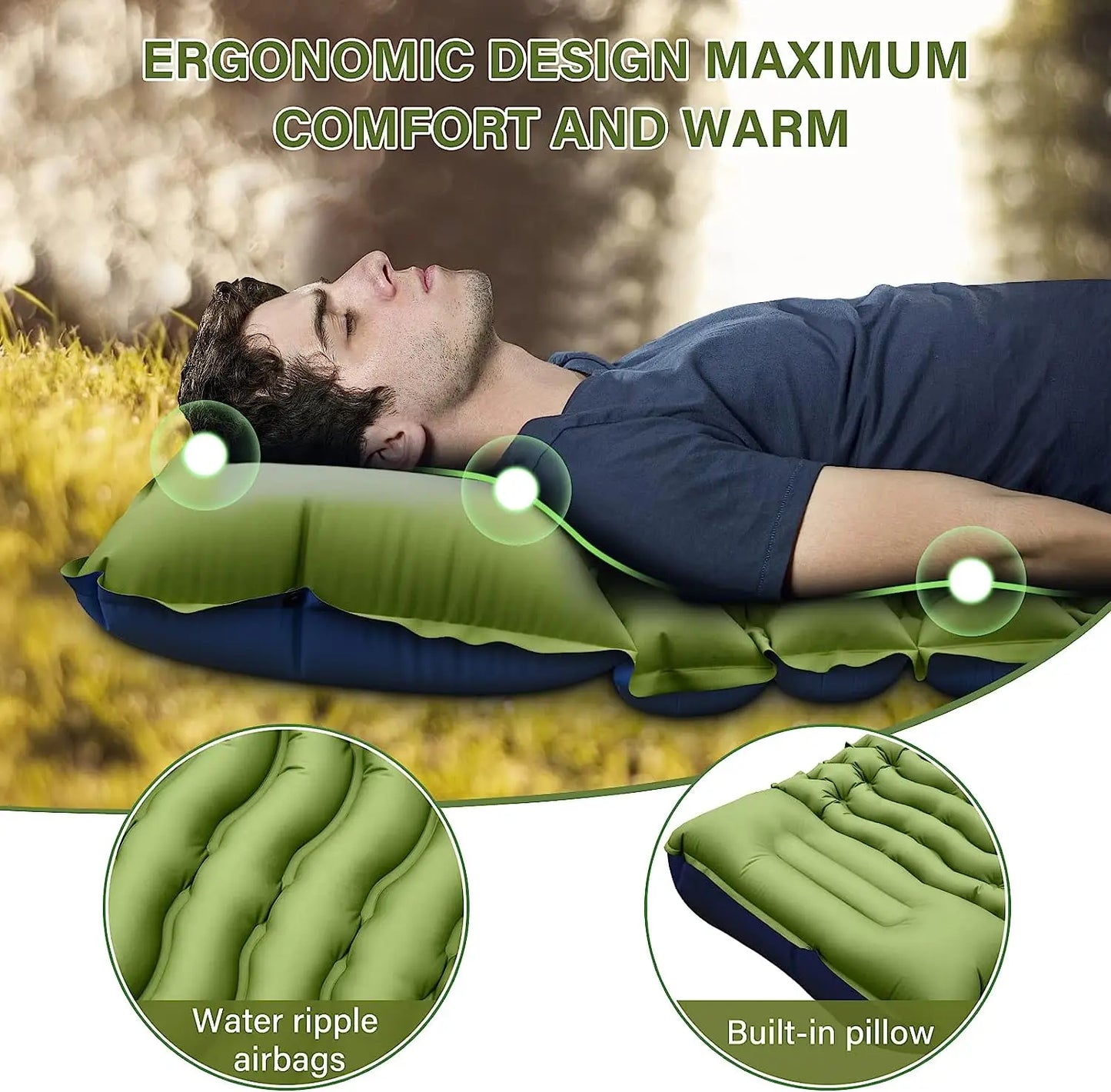 4-Inch Thick Inflatable Camping Sleeping Mat Built-in Pillow And Pump Green