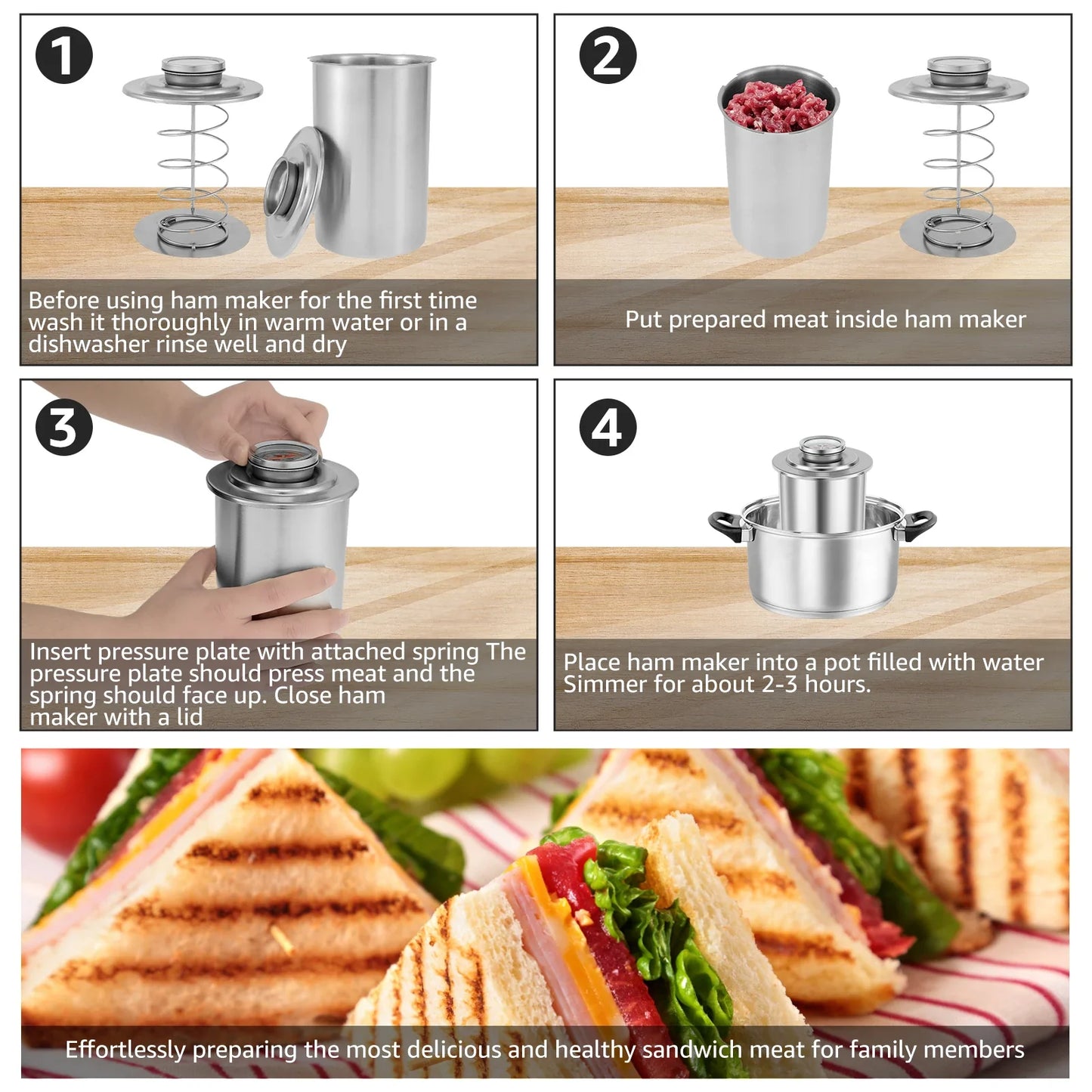 Stainless Steel Ham Maker with Thermometer Deli Meat Press Mold Silver