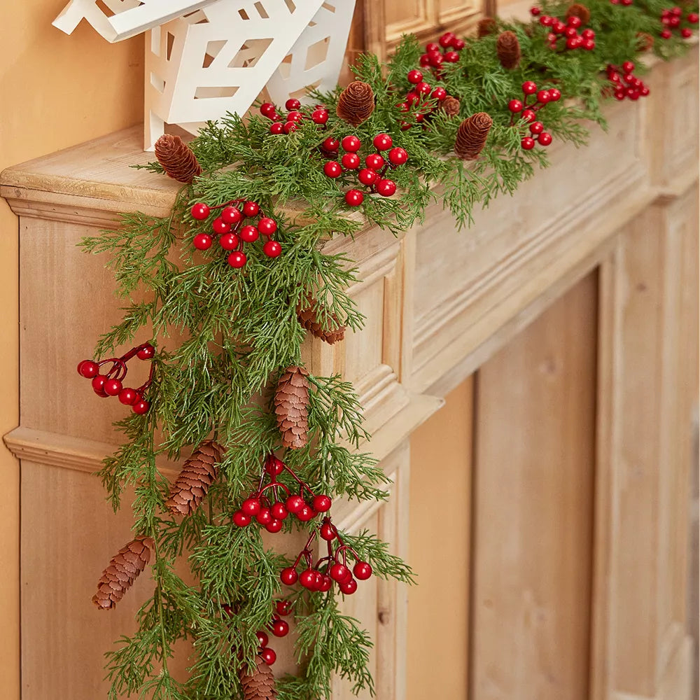 Handcrafted 2M Christmas Pine Vine Garland with Red Berries Rattan