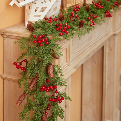 Handcrafted 2M Christmas Pine Vine Garland with Red Berries Rattan