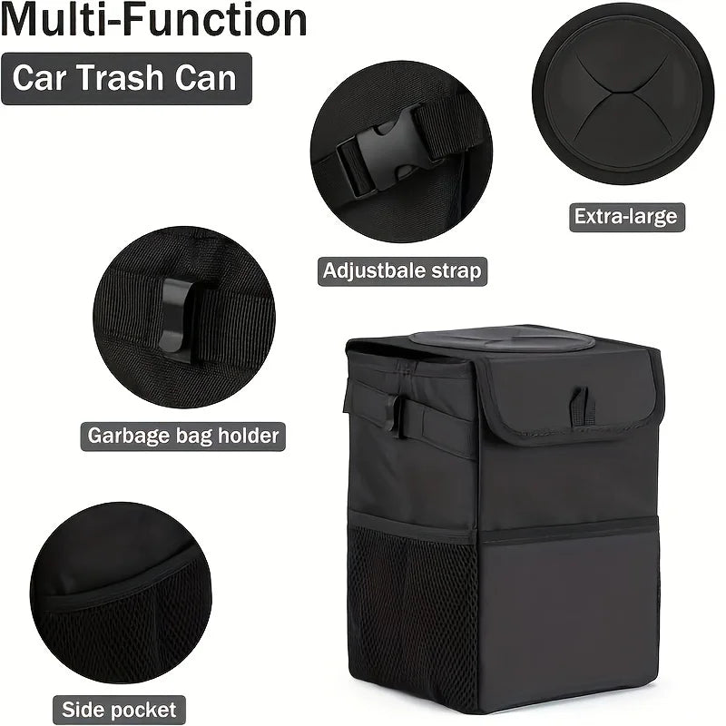 Car Trash Can with Lid Storage Pockets 100% Leak Proof Black