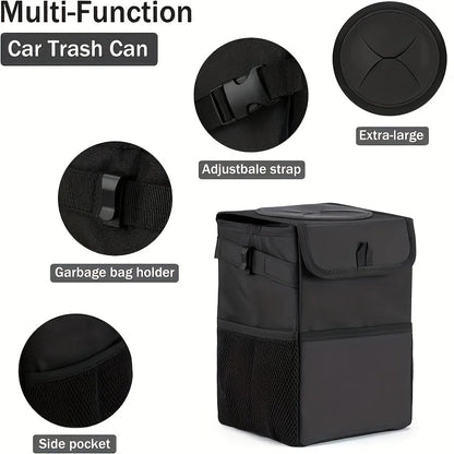 Car Trash Can with Lid Storage Pockets 100% Leak Proof Black