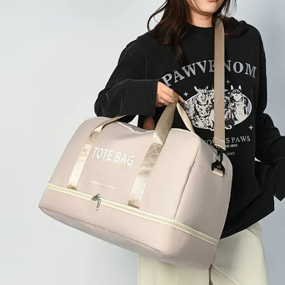 Travel Duffle Bag with Shoe Compartment & Strap (Beige)