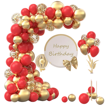 Red & Gold Balloon Arch Garland Kit with Metallic Gold Confetti Balloons