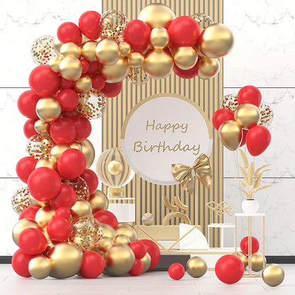 Red & Gold Balloon Arch Garland Kit with Metallic Gold Confetti Balloons