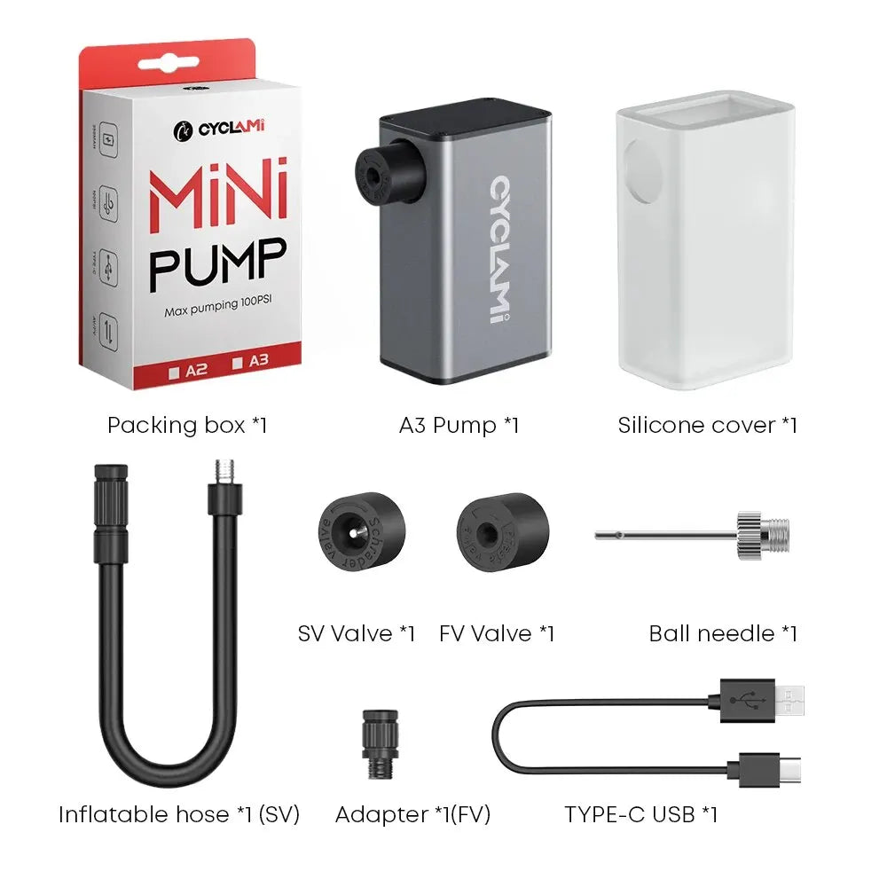 A3 Mini Electric Bicycle Air Pump Cordless Aluminum Inflator Grey