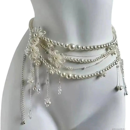 Retro Multilayer Pearl Waist Chain Belt Women (B)