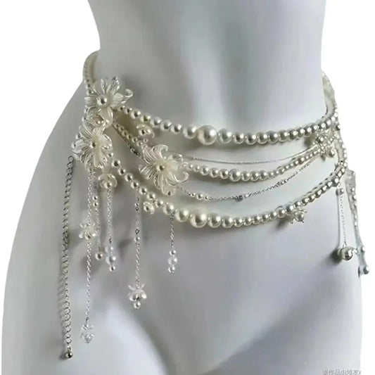 Retro Multilayer Pearl Waist Chain Belt Women (B)