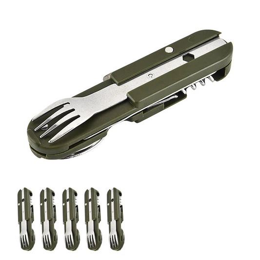 7-in-1 Folding Camping Cutlery Set with Storage Bag Green