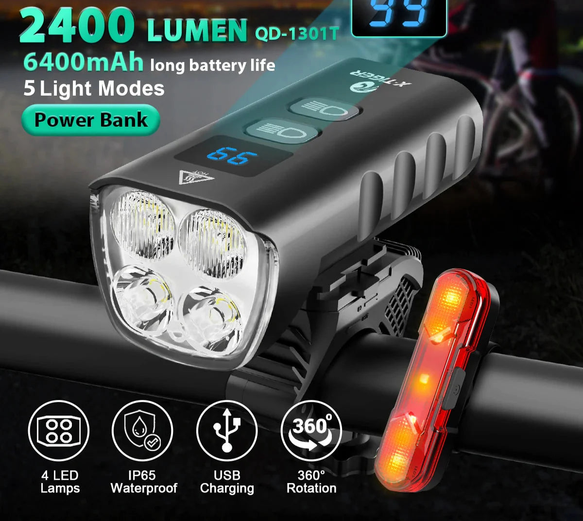 6400mAh Bike Front Light 2400LM LED Headlight Black