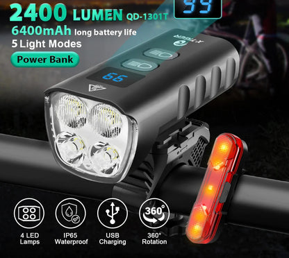 6400mAh Bike Front Light 2400LM LED Headlight Black